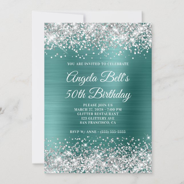 Invitación Purpurina de Plata Aqua Relieve metalizado Verde a (Anverso)