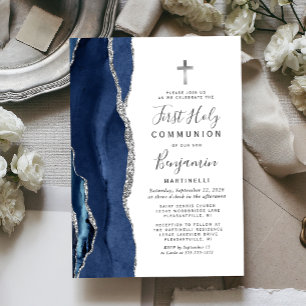 Invitación Purpurina de plata azul agate primera comunión sag