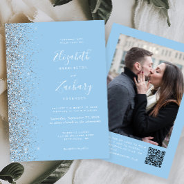 Invitación Purpurina de plata azul bebé Foto Boda de código Q