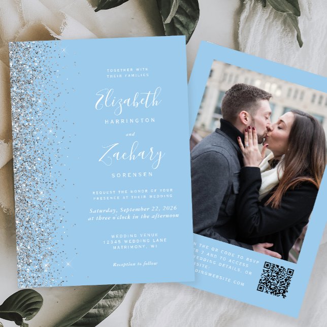 Invitación Purpurina de plata azul bebé Foto Boda de código Q (Subido por el creador)