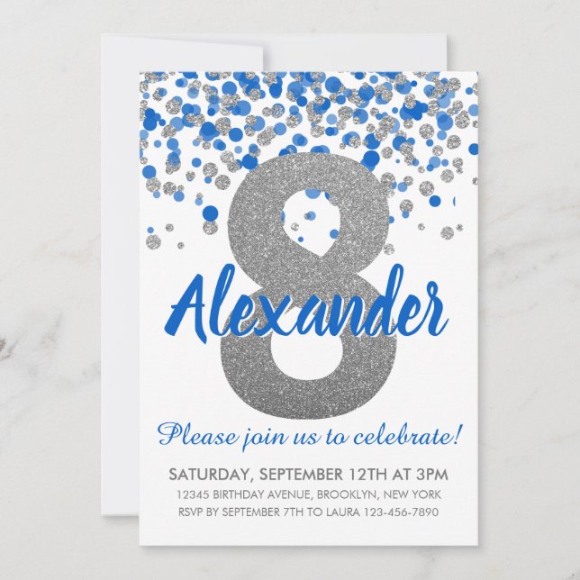 Invitación Purpurina de Plata Azul Confetti Boy Octavo Cumple (Anverso)