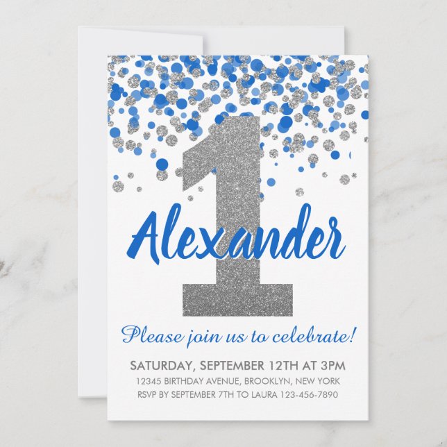 Invitación Purpurina de Plata Azul Confetti Boy Primer cumple (Anverso)