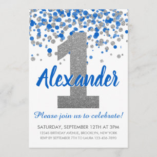 Invitación Purpurina de Plata Azul Confetti Boy Primer cumple