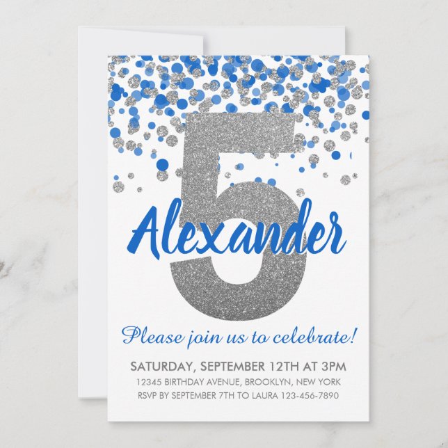 Invitación Purpurina de Plata Azul Confetti Boy Quinto cumple (Anverso)