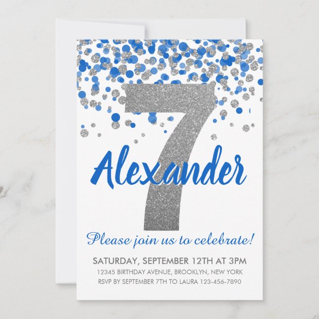 Invitación Purpurina de Plata Azul Confetti Boy Séptimo Cumpl (Anverso)