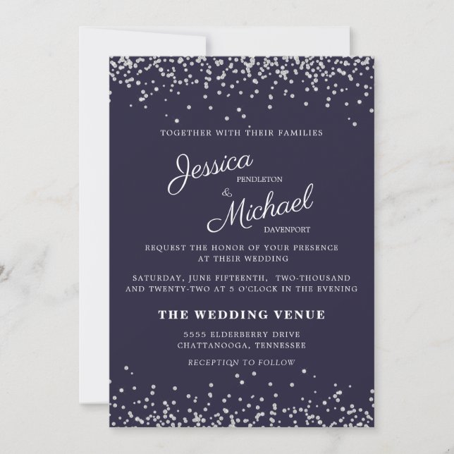 Invitación Purpurina de plata azul de la Marina boda guión el (Anverso)