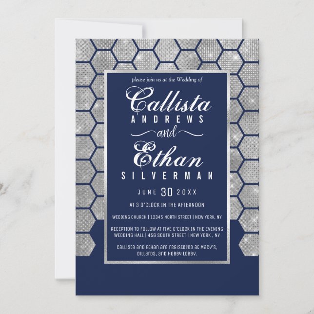 Invitación Purpurina de plata azul de la marina de moda Hexag (Anverso)