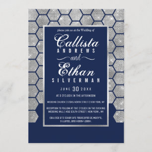 Invitación Purpurina de plata azul de la marina de moda Hexag