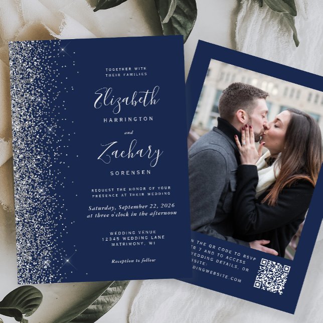 Invitación Purpurina de plata azul de la Marina Foto Boda de  (Subido por el creador)