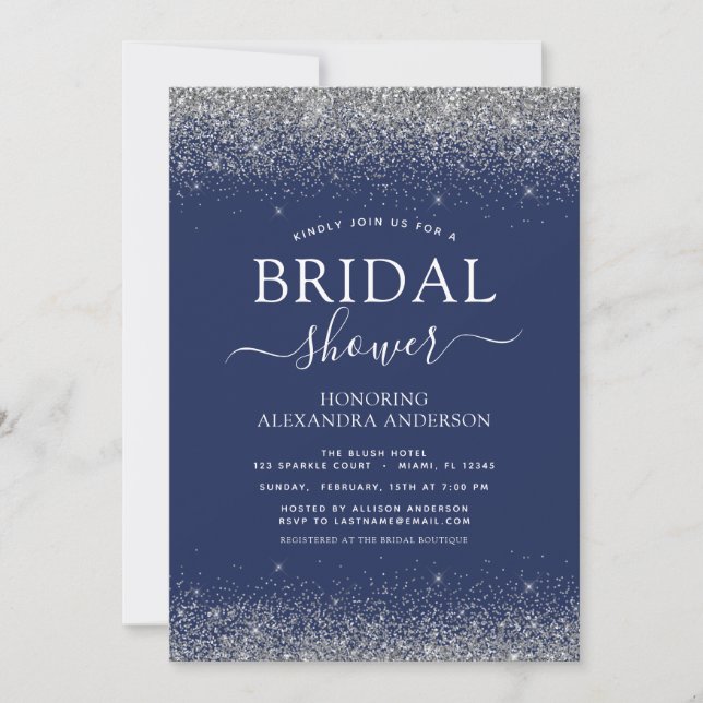 Invitación Purpurina de plata azul de la marina Girly Bridal (Anverso)