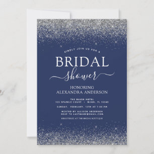 Invitación Purpurina de plata azul de la marina Girly Bridal