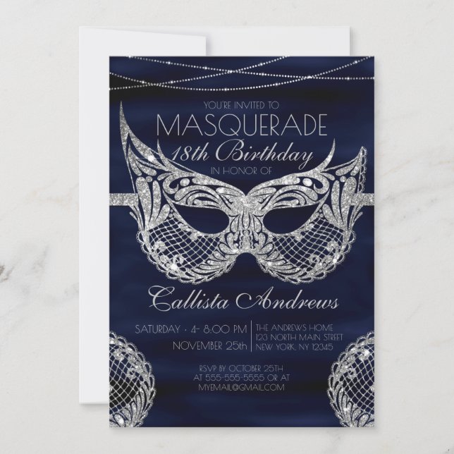 Invitación Purpurina de plata azul de la Marina Mascarada de  (Anverso)