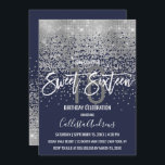 Invitación Purpurina de plata azul de la Marina moderna Confe<br><div class="desc">Esta moda y glamorosa Invitación Sweet 16 es un diseño moderno y de moda con una imitación de una secuencia de purpurinas brillantemente plateada, un degradado oscuro confetti abstracto sobre un fondo azul marino. Es perfecto para el chica de cumpleaños moderno y elegante, con su sencilla huella de bonito y...</div>