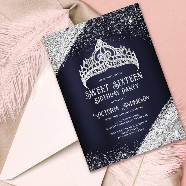 Invitación Purpurina de plata azul de la marina Tiara Sweet 1 (Subido por el creador)