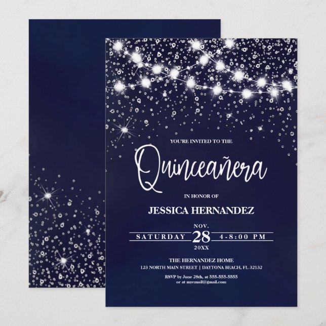 Invitación Purpurina de Plata Azul Esparkles Luces Quinceañer (Anverso / Reverso)