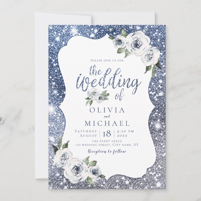 Invitación Purpurina de plata azul espumoso y boda floral (Anverso)