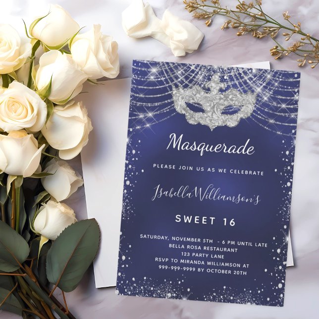 Invitación Purpurina de plata azul marino Dulce de mascarada  (Subido por el creador)