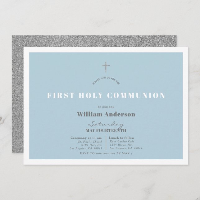 Invitación Purpurina de Plata Azul Niño Primera Comunión Sagr (Anverso / Reverso)