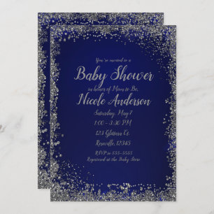 Invitación Purpurina de plata azul real Glam Baby Shower mode
