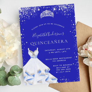 Invitación Purpurina de plata azul real tiara dress Quinceane