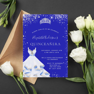 Invitación Purpurina de plata azul real tiara dress Quinceane