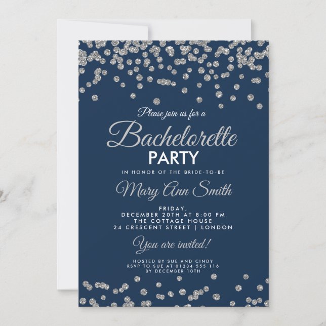 Invitación Purpurina de Plata Bachelorette Confetti Navy (Anverso)
