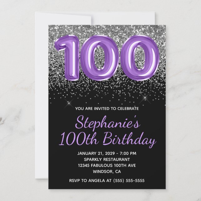 Invitación Purpurina de plata Black Royal Purple Number 100 (Anverso)