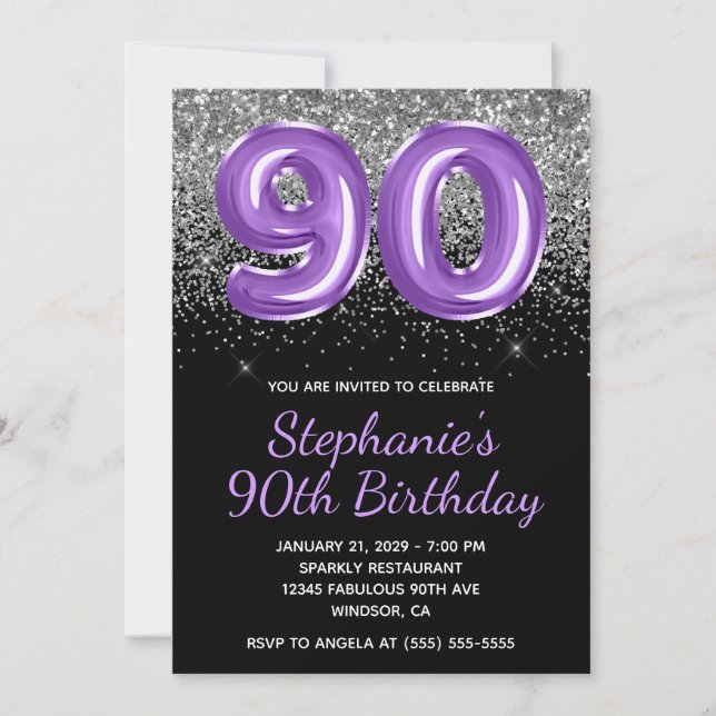Invitación Purpurina de plata Black Royal Purple Number 90 (Anverso)
