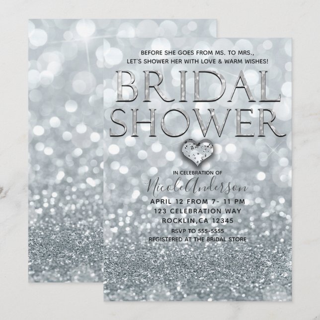 Invitación Purpurina de plata blanca Bokeh Glam Bridal Shower (Anverso / Reverso)