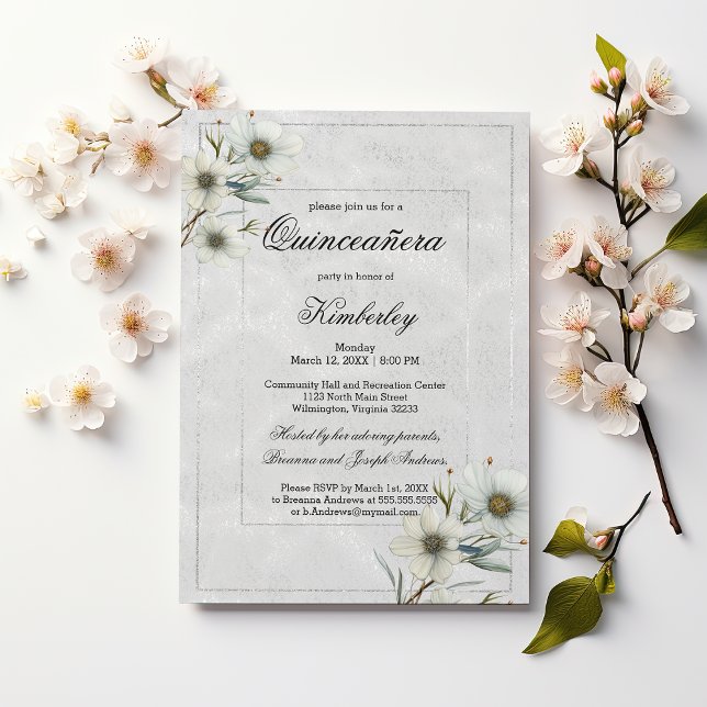 Invitación Purpurina de plata blanca de lujo floral Quinceañe (Luxury white silver glitter floral Quinceañera)