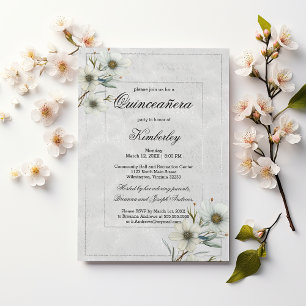 Invitación Purpurina de plata blanca de lujo floral Quinceañe