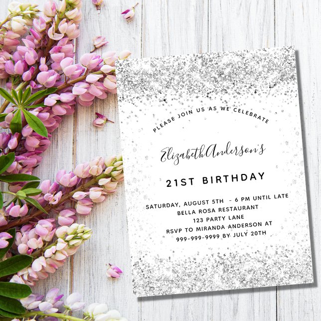 Invitación Purpurina de plata blanca glamoroso cumpleaños (Subido por el creador)