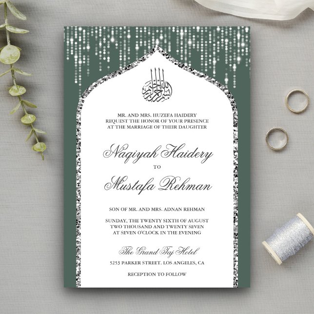 Invitación Purpurina de plata blanca verde Arco Boda musulman (Subido por el creador)