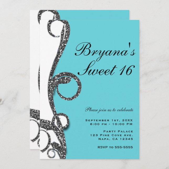 Invitación Purpurina de plata blanca verde azulada Swirl Swee (Anverso / Reverso)