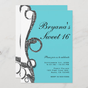 Invitación Purpurina de plata blanca verde azulada Swirl Swee