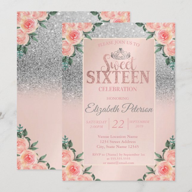 Invitación Purpurina de plata Bokeh, Fiesta Tiara Floral Swee (Anverso / Reverso)