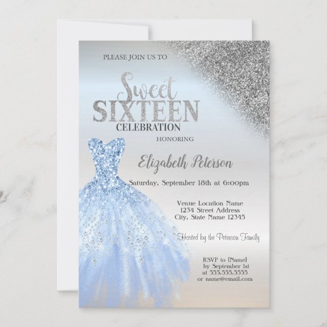 Invitación Purpurina de plata Bokeh, vestido azul dulce de pl (Anverso)
