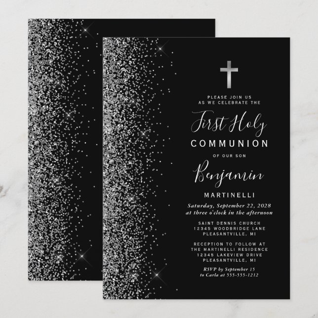 Invitación Purpurina de Plata Borde de Comunión Negra Primero (Anverso / Reverso)