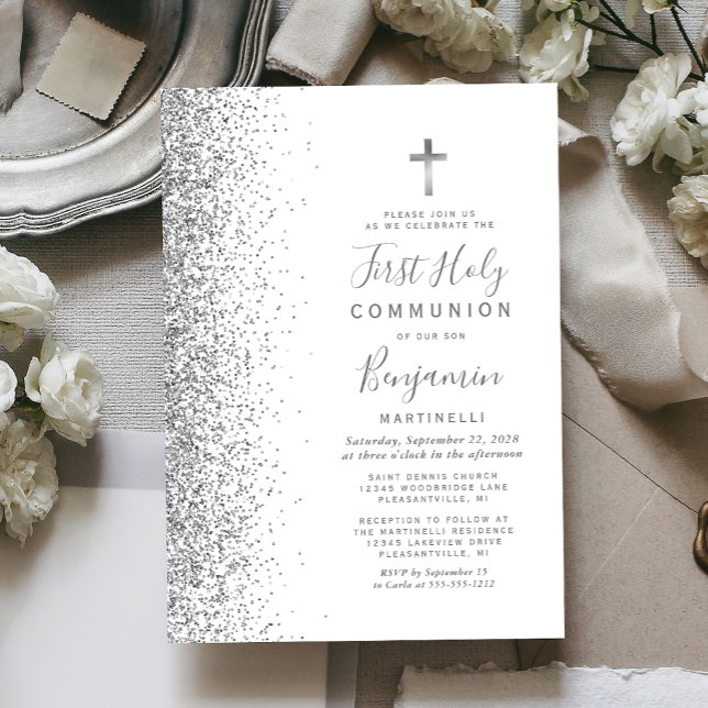 Invitación Purpurina de Plata Borde de la Primera Comunión Bl (Subido por el creador)