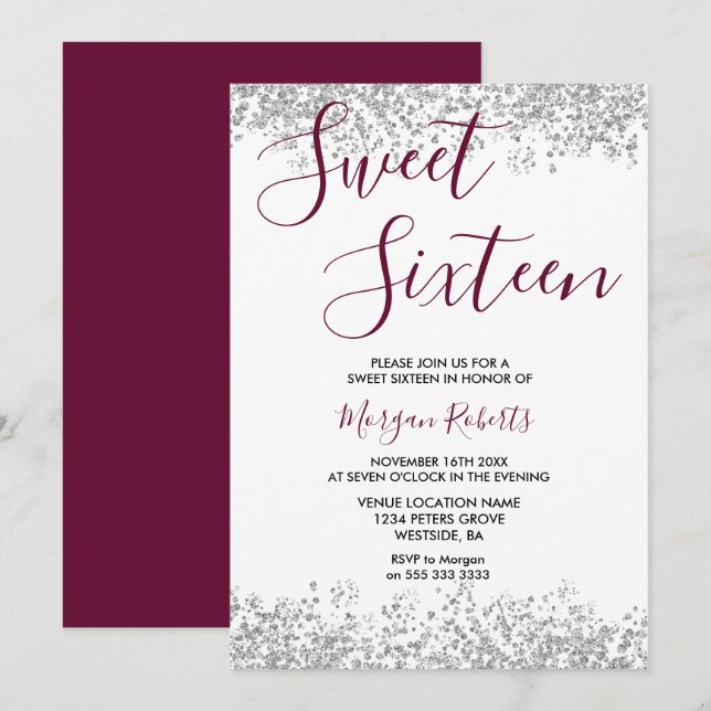 Invitación Purpurina de plata Borgoña dulce 16 Fiesta (Anverso / Reverso)