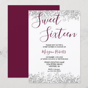 Invitación Purpurina de plata Borgoña dulce 16 Fiesta