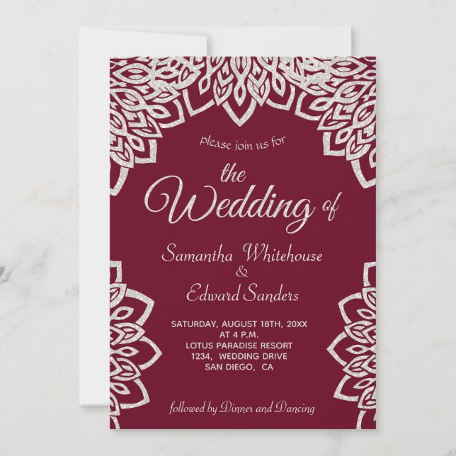 Invitación Purpurina de plata Borgoña elegante Boda (Anverso)