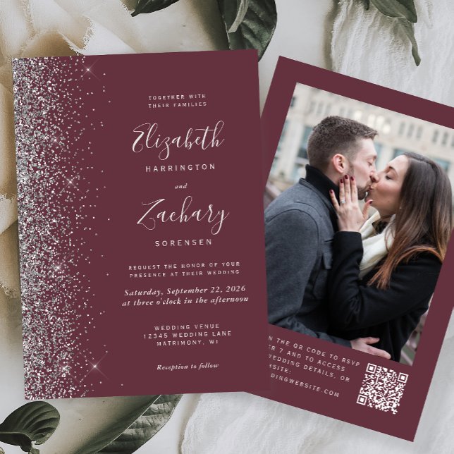 Invitación Purpurina de plata borgoña oscura Foto Boda de cód (Subido por el creador)