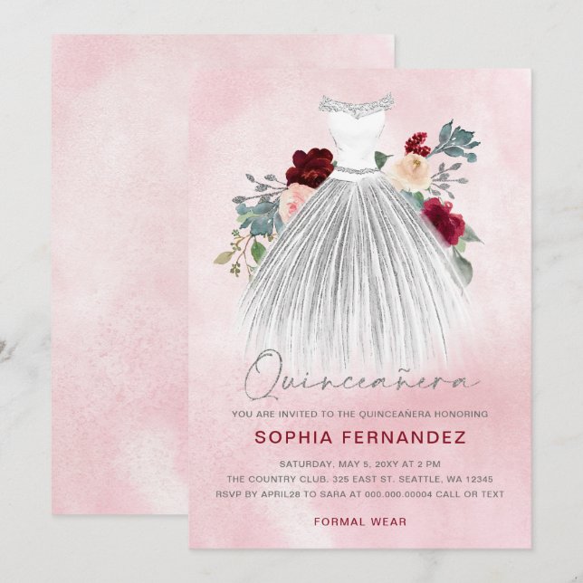 Invitación Purpurina de Plata Borgoña Vestido Floral Quinceañ (Anverso / Reverso)