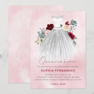 Invitación Purpurina de Plata Borgoña Vestido Floral Quinceañ