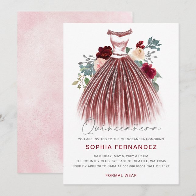Invitación Purpurina de Plata Borgoña Vestido Floral Quinceañ (Anverso / Reverso)