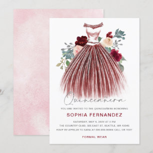 Invitación Purpurina de Plata Borgoña Vestido Floral Quinceañ