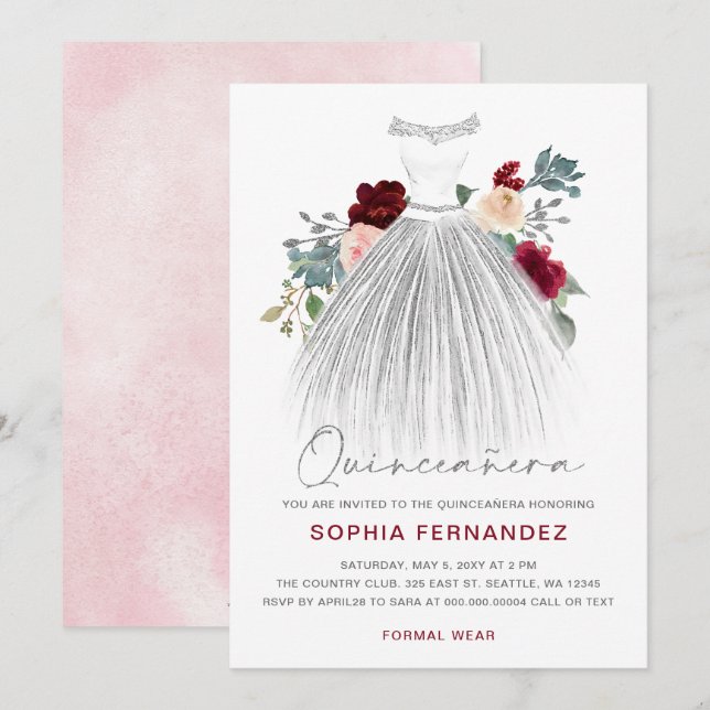 Invitación Purpurina de Plata Borgoña Vestido Floral Quinceañ (Anverso / Reverso)