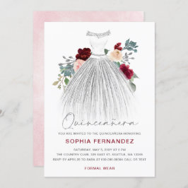 Invitación Purpurina de Plata Borgoña Vestido Floral Quinceañ