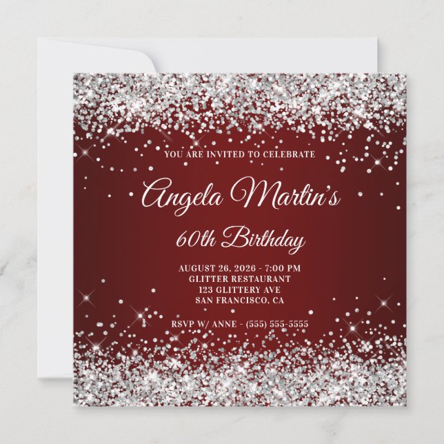 Invitación Purpurina de Plata Burgundy Ombre Cumpleaños 60 (Anverso)
